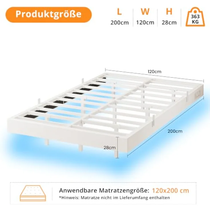 IRONCK Bettgestell 120x200 cm, Schwebender Bett mit LED Beleuchtung, Gepolsterte Seitenwände, 2 AC-Steckdosen, 2 USB-A-Anschluss, 1 USB-C-Anschluss, Metallbett mit Lattenrost Einzelbett, Weiß – Bild 7