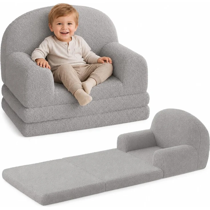 Garvee Kindersofa 2-in-1, Faltbarer Kindersessel für Kinder, Grau | 2-in-1 Kindersofa mit weichem Bezug, faltbarer Schlaffunktion und bequemem Kindersessel für Kinder von 2-8 Jahren
