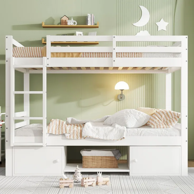 Bett 90x200 cm, teilbar in 2 Einzelbetten mit integriertem Stauraum und Schuhregalen – weißes Etagenbett für Kinder und Jugend