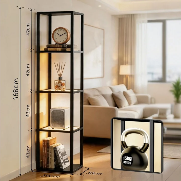 XERSEK Glasvitrine 5 Etagen Vitrine mit Dimmbar LED Beleuchtung Standregal 39×30×168cm (Stufenlos Dimmbar per Fernbedienung & Fußsteuerung) für Sammlerstücke, Wohnzimmer, Schlafzimmer, Schwarz – Bild 2