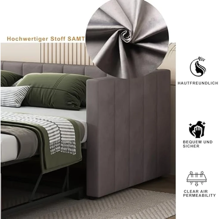 Odikalo Schlafsofa Polsterbett Ausziehbar 90/180*200cm Lattenrosten Samtstoff Beige/Grau – Bild 6
