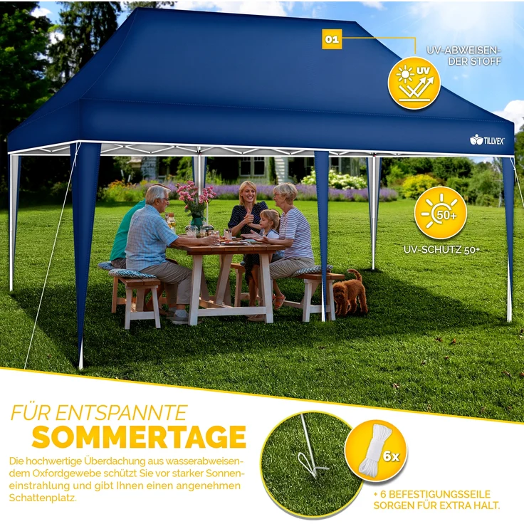tillvex Pavillon 3x6m Blau wasserdicht | Pop-Up Faltpavillon höhenverstellbar | Gartenzelt UV Schutz 50+ | Partyzelt mit Tasche für Garten – Bild 7