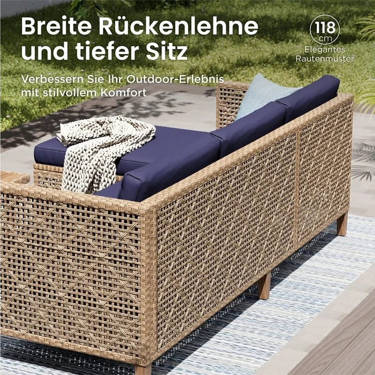 PHI VILLA Gartenlounge-Set, (1 Zweisitzer-Sofa, 1 Chaiselongue und 1 Kleiner Couchtisch, PE Rattan Lounge Möbel Outdoor), 4 Personen Terassenmöbel Außen Gartensofa, Beige und Dunkelblau – Bild 3