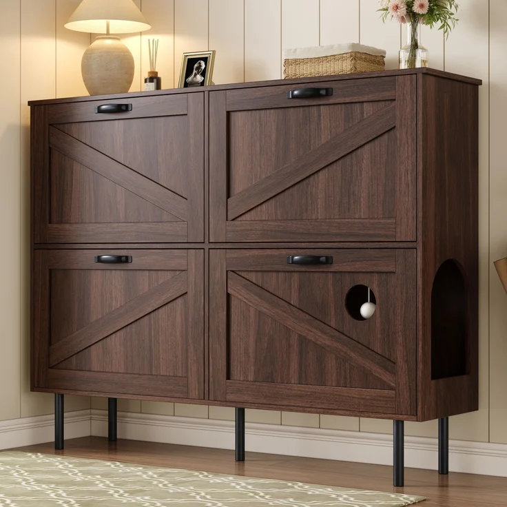 Schuhschrank aus Spanplatte mit 4 Türen & Klappenfächern, 120x28x92 cm, Walnussfarbe – Bild 4
