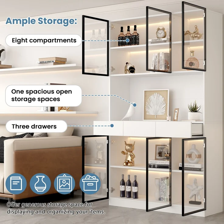 Glasschrank Tür 200cm hoch Weißer Vitrinenschrank mit LED Lichtern, Multi Storage Bücherregal für Sammlung Schlafzimmer Wohnzimmer Büro, Weiß - Schwarzer Türrahmen--Weiß--120x36x200cm--YOUDENOVA – Bild 6