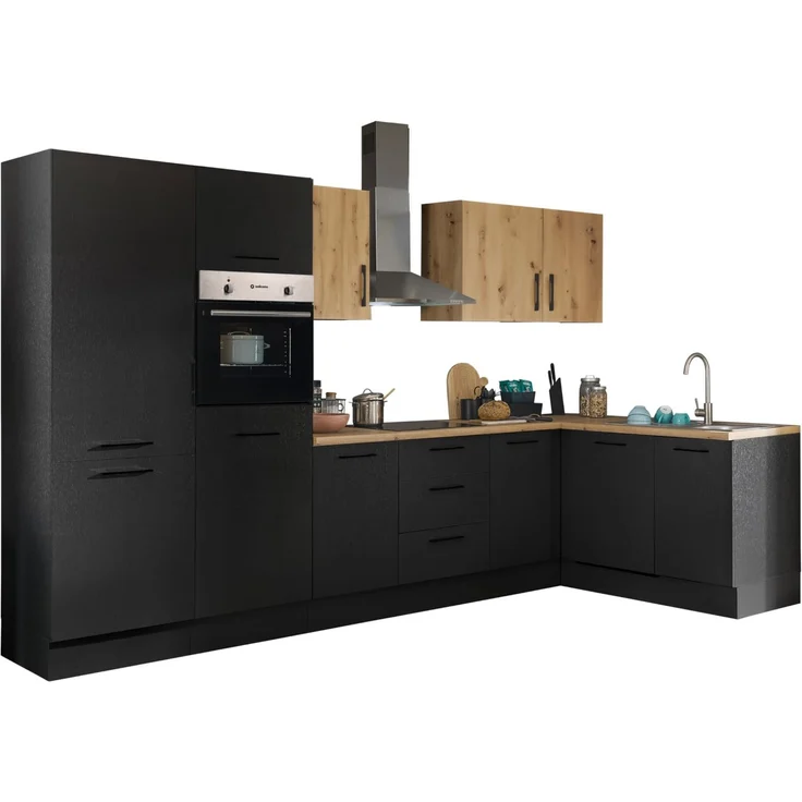 Turin LB Eckküche 340 x 211 x 60 cm, schwarz - Ohne Küchengeräte - Moderne, geräumige Küche in Artisan-Eiche Optik mit viel Stauraum