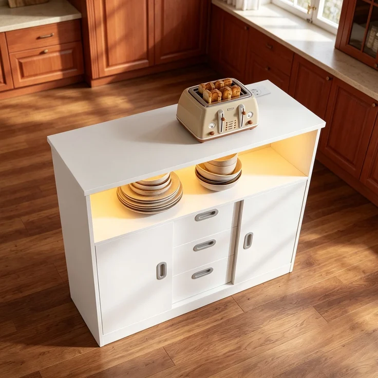 Halupeit Weißes Sideboard für Küche/Wohnzimmer mit Schiebetüren, drei Schubladen, verstellbaren Einlegeböden, Steckdosenleiste und LED-Ambientebeleuchtung, 33,5 x 100,5 x 80,5 cm – Bild 5