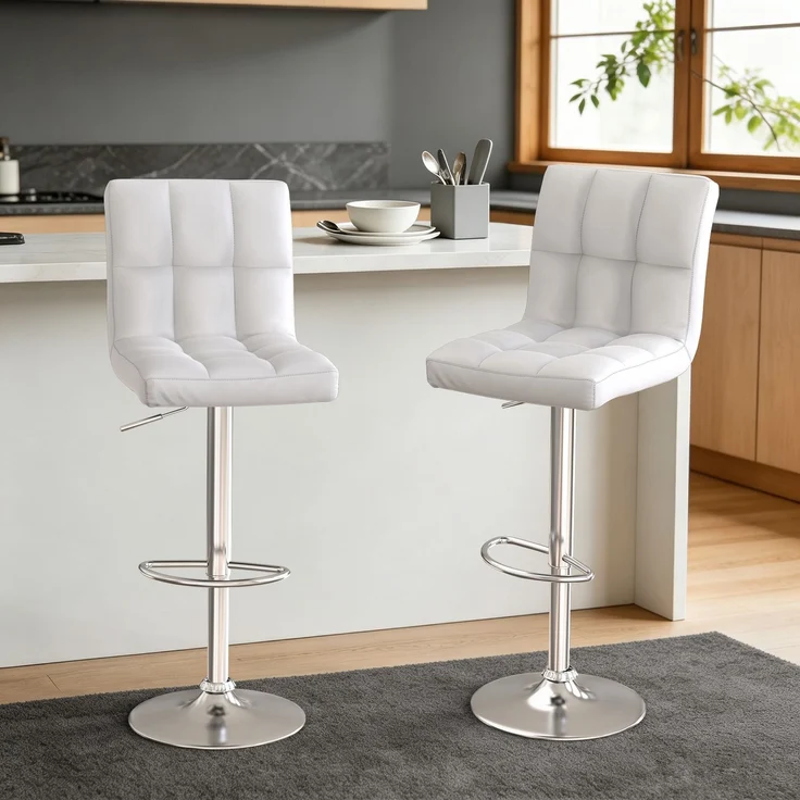 Botifly 2er Set Barhocker Weiß Kunstleder, Höhenverstellbar 60-80cm, 360° Drehbare Barstühle mit Fußstütze, Gepolsterte Theke Hocker für Küche & Bar, SGS Zertifiziert, 46 x 45 x 55 cm – Bild 1