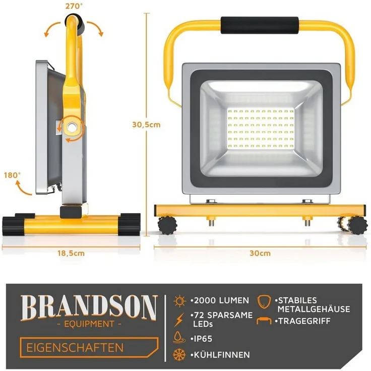 Brandson Baustrahler, LED, für Innen- & Außenbereich, 30W, 2500 Lumen, IP65 (wasserfest) – Bild 3