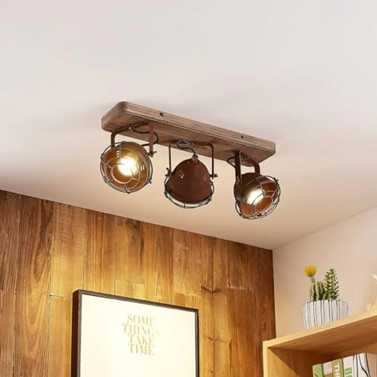 Lindby Farovi Deckenstrahler, Vintage Industriell in Braun aus Holz, 3-flammig GU10 - Deckenlampe für Wohnzimmer und Esszimmer – Bild 3