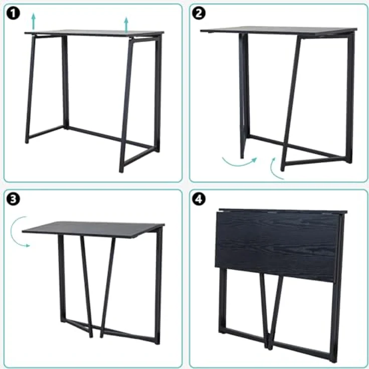 MEUBLE COSY Klapptisch Kleiner Klappbarer Schreibtisch Laptoptisch aus Holz und Metall Computertisch fürs Büro, Wohnzimmer, Home Office, Industrie-Design, Schwarz – Bild 7