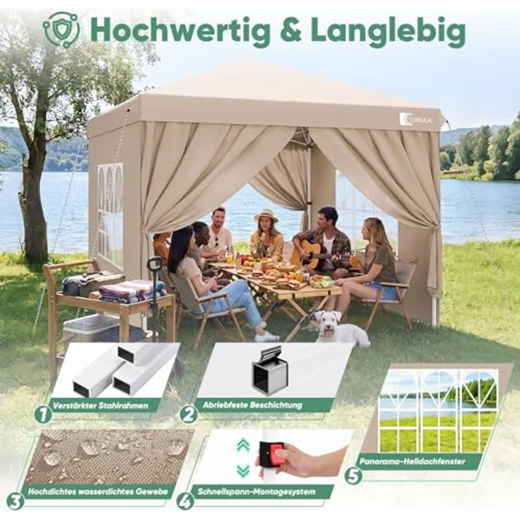 Sunula Pavillon 3x3m, wasserdicht und winterfest mit 4 Seitenwänden, faltbar, stabil mit verdickten Röhren, khaki – Bild 3