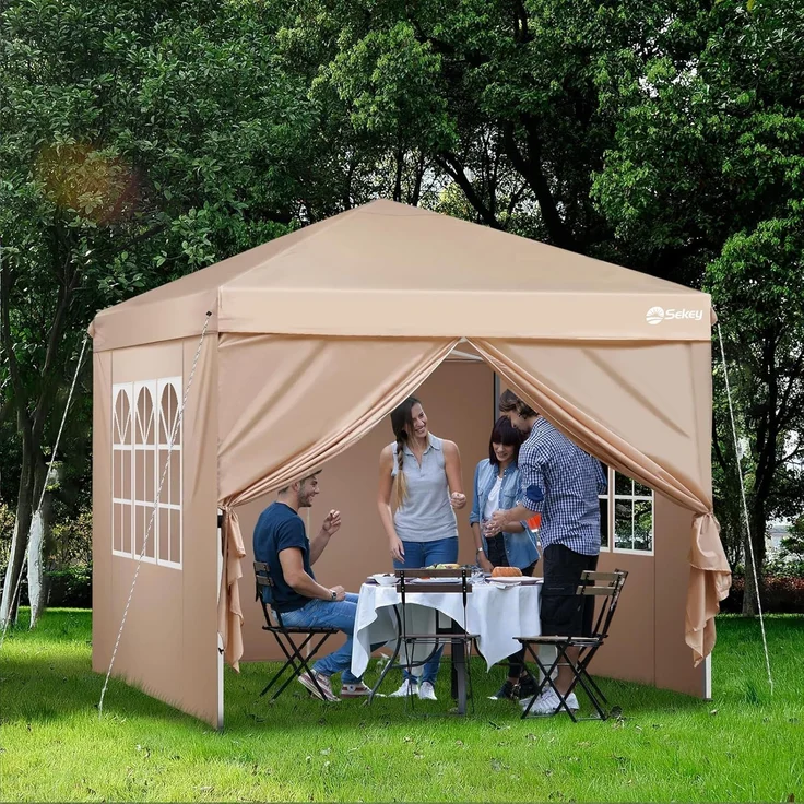 Sekey Premium Pop Up Pavillon 3x3 Wasserdicht Stabil, 3 x 3 m Pavillon mit Seitenwänden, Faltpavillon Partyzelt Faltbar für Camping Party, Höhe Verstellbar 250-270cm, (Khaki, Mit Seitenwänden) – Bild 8