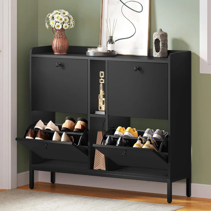 YITAHOME Schuhschrank Schmal mit 4 Klappen, 108 x 27.5 x 95.5 cm für 16 Paar Schuhe mit 2 Offene Regale, Schuhschrank Schwarz, Schuhkipper, Schrank Flur Schuhkommode im Flur, Platzsparend