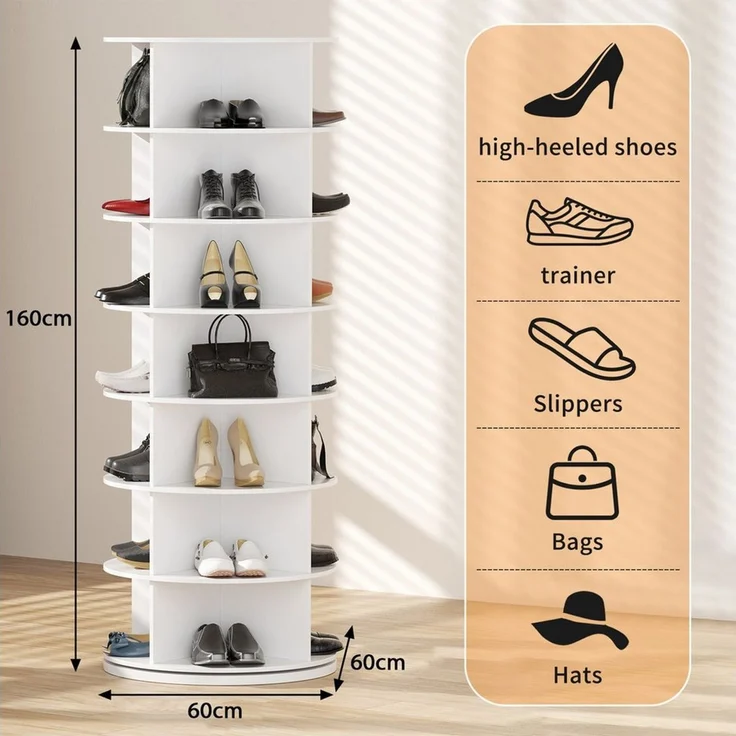PEALOV Schuhregal drehbares Schuhkarussell mit 360°-Funktion und 7 Ebenen, 1-tlg, Platzsparende Schuhaufbewahrung, 60 x 60 x 160 cm in Weiß – Bild 2