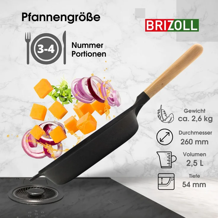 Ø26cm 54mm tief Gusseisenpfanne BRIZOLL Bratpfanne aus Gusseisen Eisenpfanne Gusspfanne rund mit Holzgriff von 4big. fun INDUKTION für alle Herdarten – Bild 2