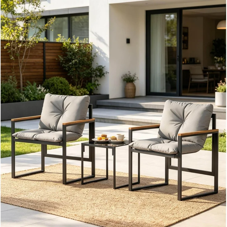 Gartenmöbel-Set mit Textilene-Sitzen und Glastisch, 2 Sessel 64x62x68 cm, Schwarz/Grau – Bild 2