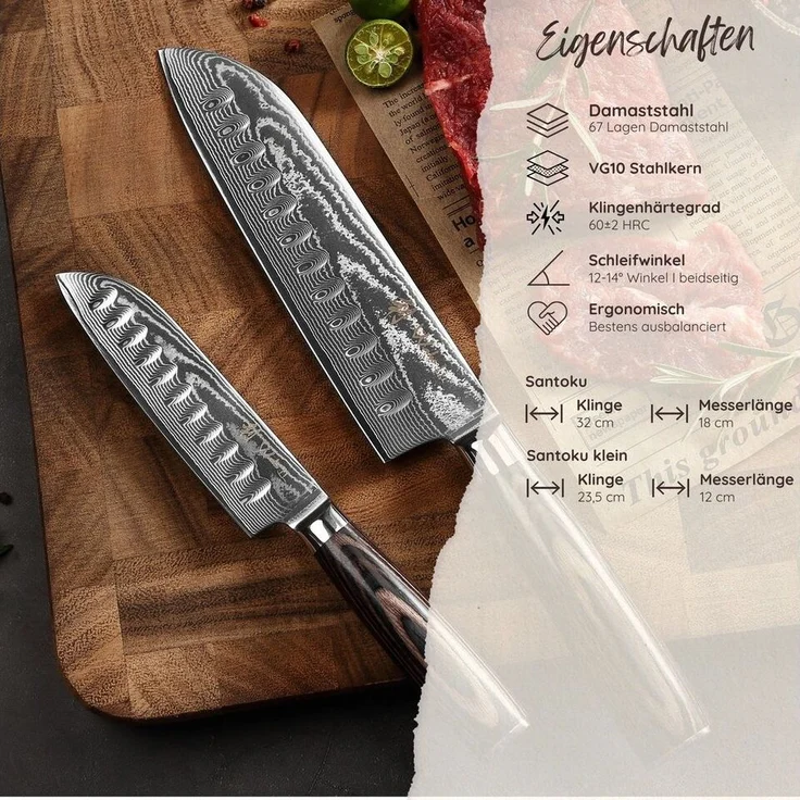 Wakoli Messer-Set 2er Damast Santokumesser-Set Küchenmesser Kochmesser mit Fingerschutz (Damastmesser mit Geschenkbox, 2-tlg, 2er Santokumesser-Set), VG10 Kern, 67 Lagen Damaststahl, Pakkaholzgriff, inkl. Geschenkbox – Bild 1