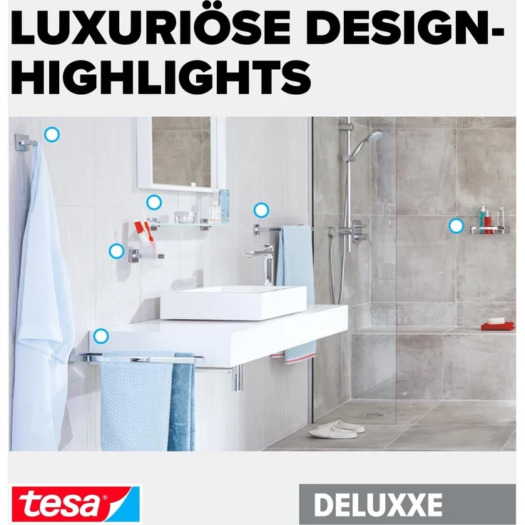 tesa Handtuchring DELUXXE Handtuchhalter ohne Bohren - 15,6 cm : 12,5 cm : 18,4 cm, selbstklebender Handtuchhalter - chrom - silber glänzend – Bild 6