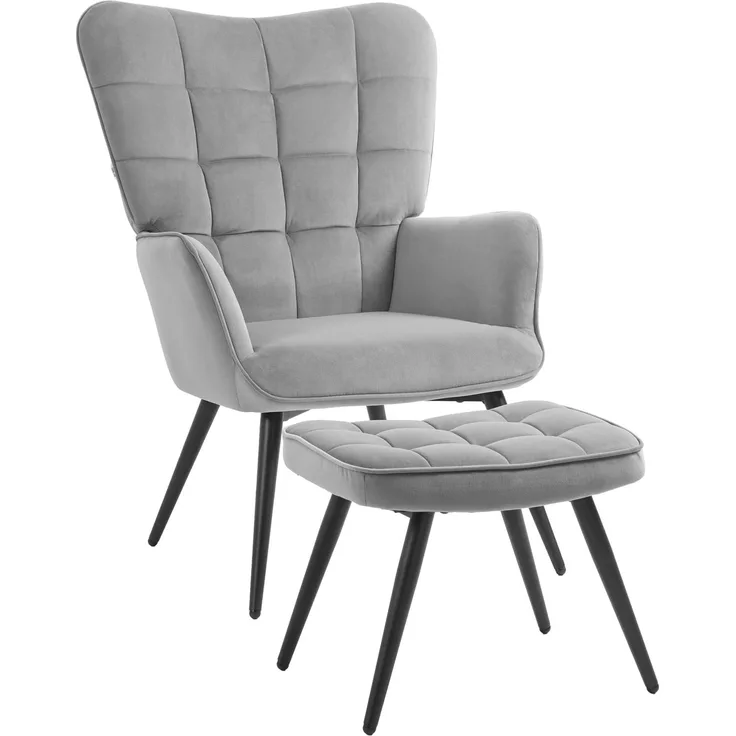 Ohrensessel mit Hocker, Loungesessel Relaxsessel Polstersessel Samtoptik Fernsehsessel Esszimmerstuhl bis 120 kg hellgrau--Hellgrau--73x77.5x98cm--YOUDENOVA