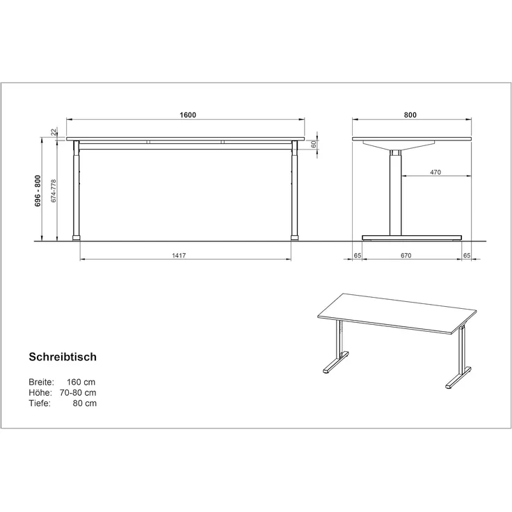Germania Schreibtisch 4252-583, in Lichtgrau/Silber, mechanisch höheneinstellbar, 160 x 80 x 80 cm (BxHxT) – Bild 3