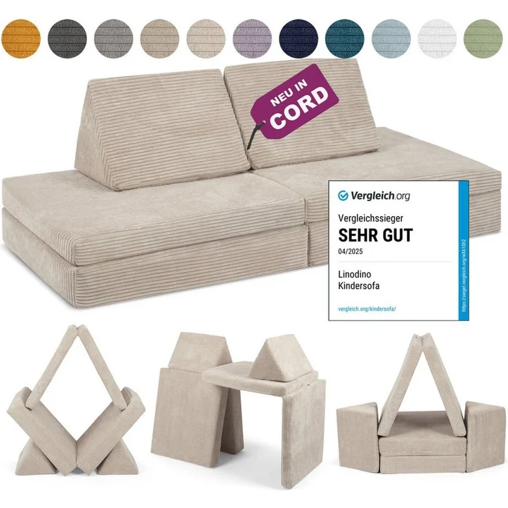 Linodino® Spielsofa Cord | Kindersofa aus Schaumstoff Bausteine - Spielsofa für Kinder & Kuschelecke im Kinderzimmer I Elfenzauber Beige
