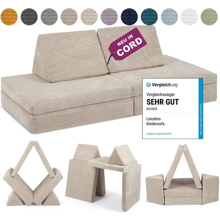Linodino® Spielsofa Cord | Kindersofa aus Schaumstoff Bausteine - Spielsofa für Kinder & Kuschelecke im Kinderzimmer I Elfenzauber Beige