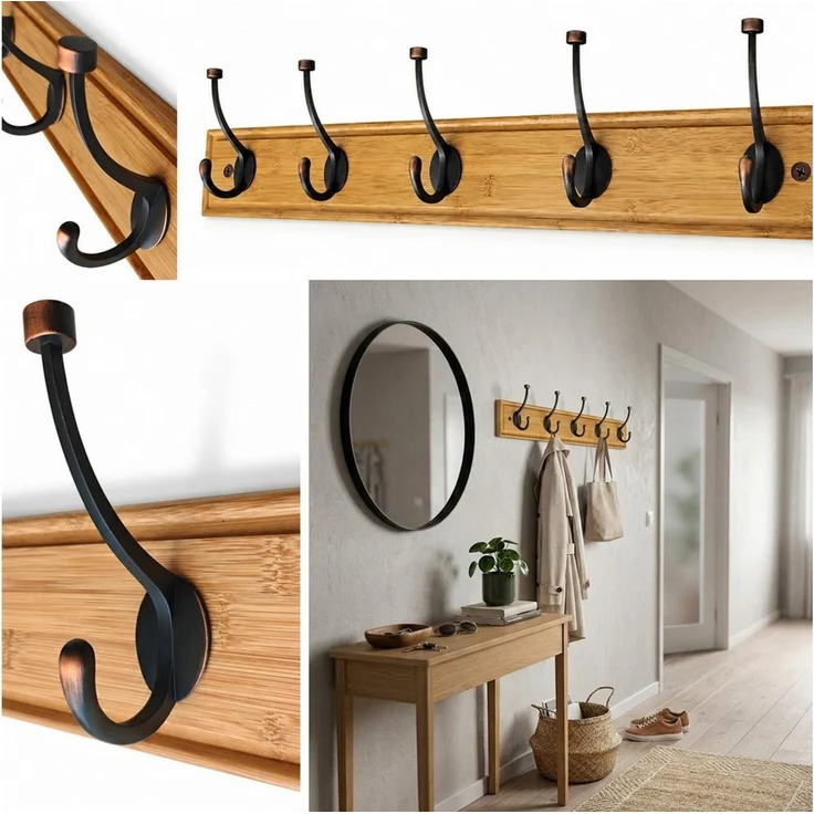 HOOZ Garderobenleiste Bambus – Wandgarderobe mit Metallhaken Natur, 5 Designhaken 85 cm (Einzelartikel, 1 Wandhakenleiste), FSC-zertifizierter Bambus, Garderobenleiste mit Metallhaken – Bild 3