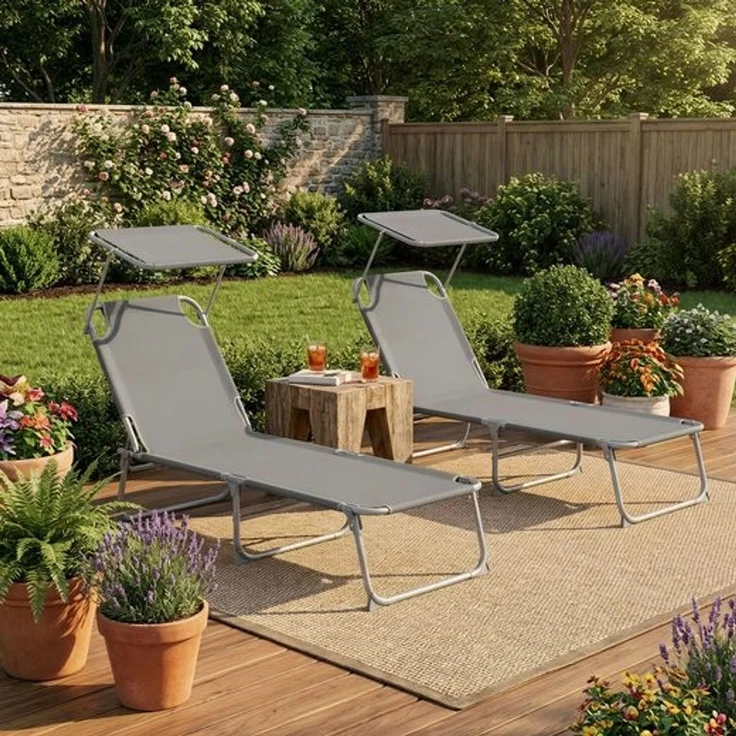 SONGMICS Sonnenliege klappbar, 2er Set, belastbar bis 110 kg, verstellbare Sonnenblende, Rückenlehne, grau – Bild 3