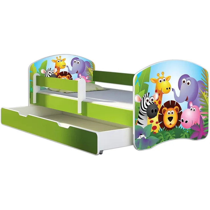 ACMA Kinderbett Jugendbett mit Einer Schublade und Matratze Grün mit Rausfallschutz Lattenrost II 140x70 160x80 180x80 (01 Zoo, 140x70 + Bettkasten)