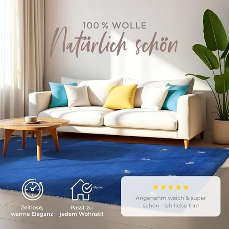 carpetfine 'Gabbeh Uni' Wollteppich, reine Wolle, Blau, 200x290 cm – Bild 2