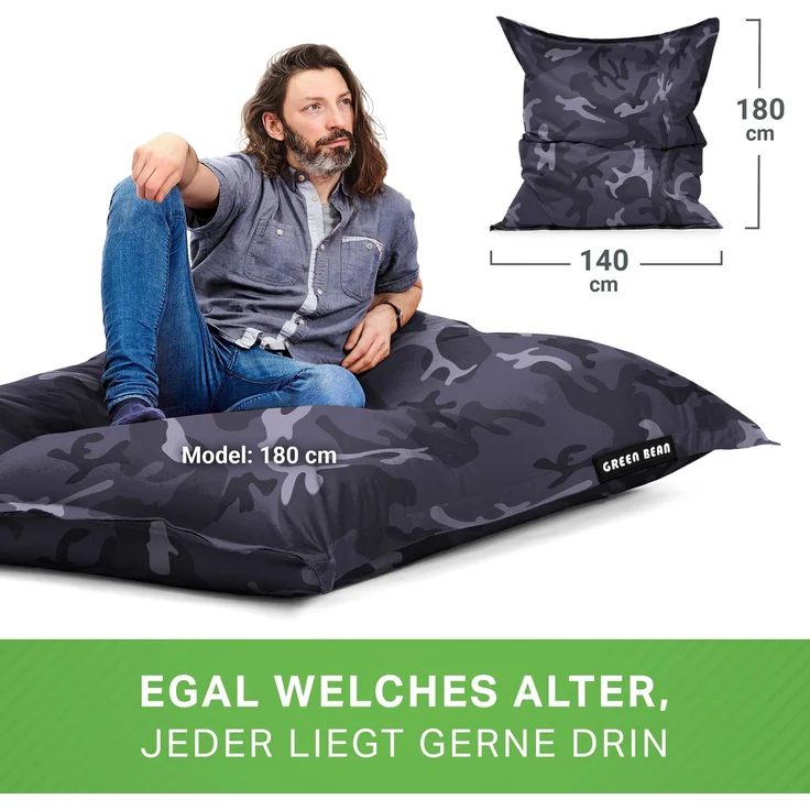 Green Bean® Sitzsack XXL 140x180cm 380 Liter Kinder & Erwachsene Bean Bag EPS Perlen Füllung Outdoor Riesensitzsack - waschbares und wetterfestes Lounge Sitzkissen - Camouflage Schwarz – Bild 5
