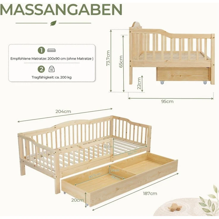 LEADZM Kinderbett mit Schubladen 70x140 / 80x160 / 90x200cm, Hausbett mit Lattenrost, Bodenbett mit Stauraum und Abnehmbarer Barriere, Naturbelassen – Bild 2