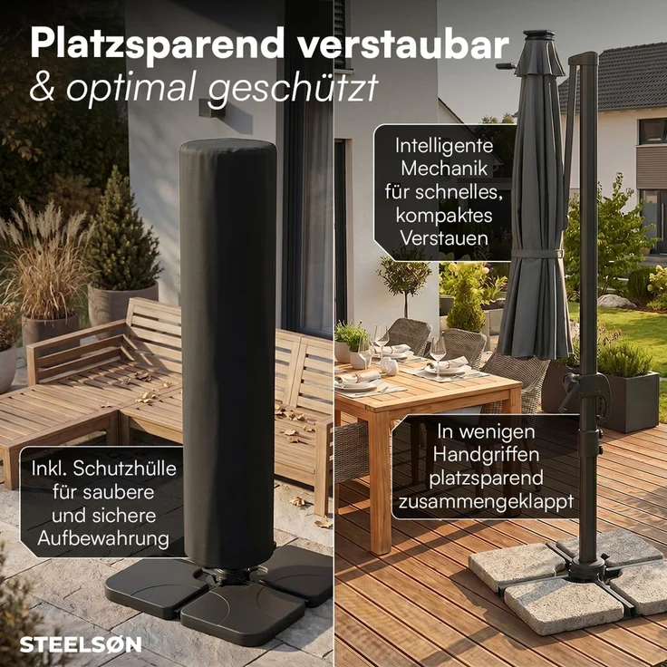 STEELSØN 'Elaris' Premium Sonnenschirm 300x300 cm quadratisch mit LED, neigbar und 360-Grad drehbar, anthrazit, Ampelschirm inkl. Hülle, extrem robuste Metall-Stange, 220 g/m² Polyester, UV50+ – Bild 8