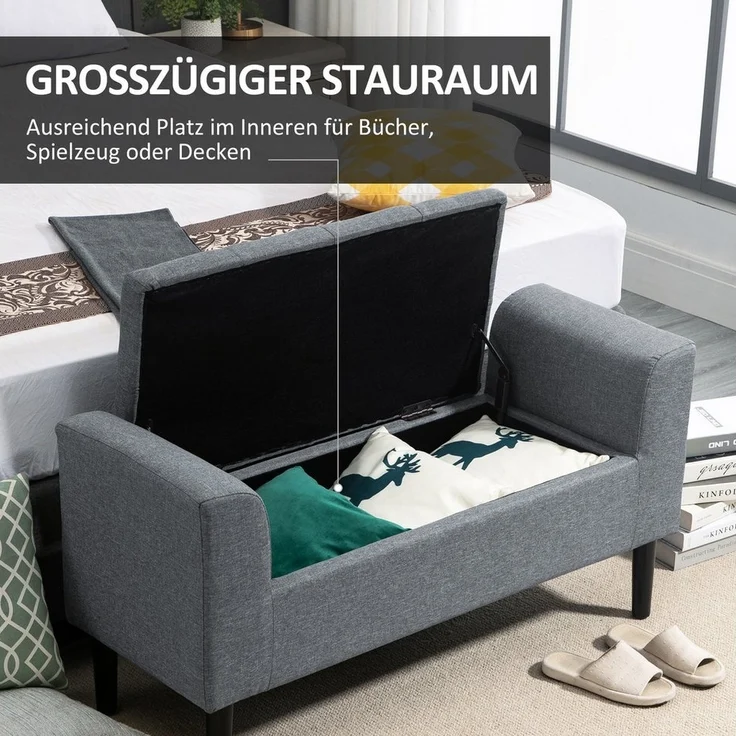 HOMCOM Sitzbank mit Leinenoptik, belastbar bis 130 kg (Polsterbank, 1-St, Sitzhocker), für Wohnzimmer Schlafzimmer Flur, 116 x 44 x 58 cm Hellgrau – Bild 3