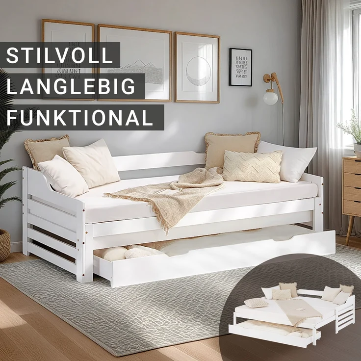 Gästebett Holzbett 90x200 cm mit 2 Matratzen Weiß Stauraum Tagesbett ausziehbar Jugendbett Ausziehbett Bett mit Bettkasten – Bild 5