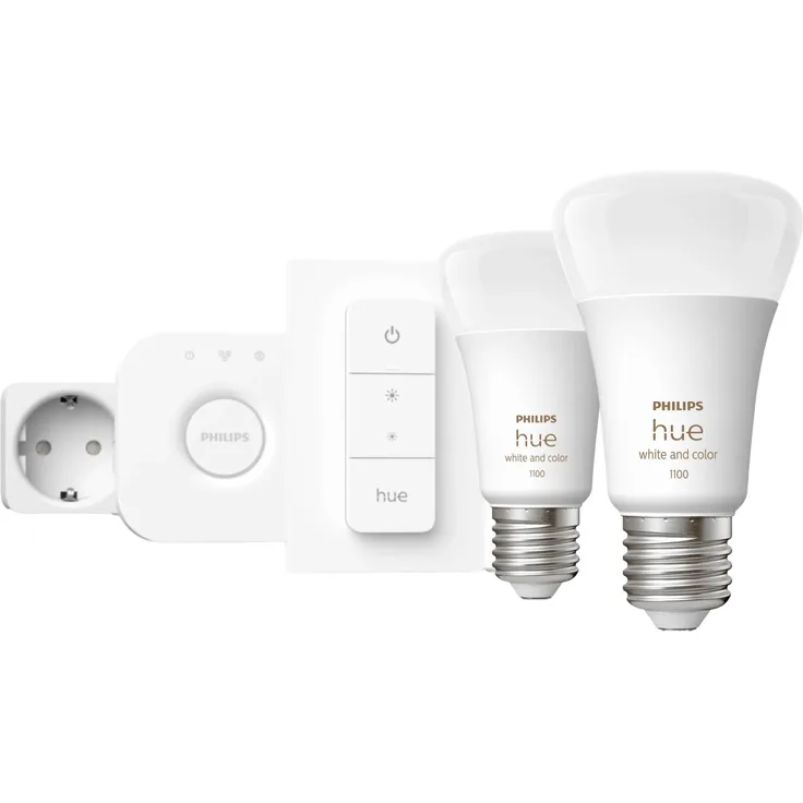 Philips Hue Starter-Set, 2 x White & Color Ambiance E27 Leuchtmittel mit Dimmer & Hue Bridge