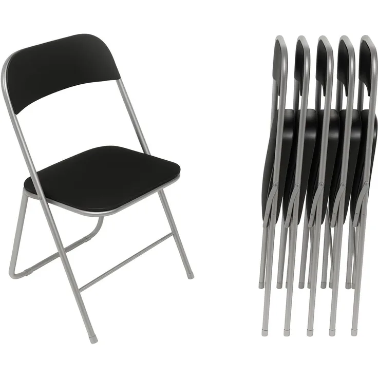 HAEST | 6X Klappstuhl | Klappstühle | Sechs Stühle | Silber-Schwarz | mit Metallrahmen und Kunstlederbezug | 6er Set | Küchenstühle