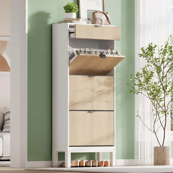 Garvee Schuhschrank mit 3 Klappen & 1 Schublade – freistehend, schmal, modernes Design, verstellbare Einlegeböden, für Flur & Haustür, Stauraum für 12–18 Paar Schuhe – Kontrastfarbe Weiß + Eiche