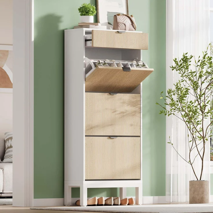 Garvee Schuhschrank mit 3 Klappen & 1 Schublade – freistehend, schmal, modernes Design, verstellbare Einlegeböden, für Flur & Haustür, Stauraum für 12–18 Paar Schuhe – Kontrastfarbe Weiß + Eiche
