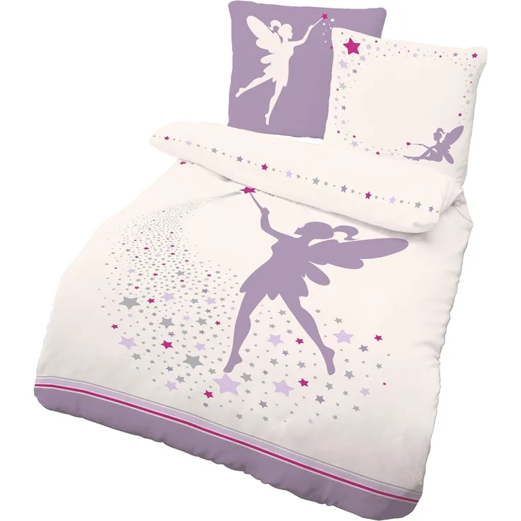 LINKHOFF Kinderbettwäsche Kinder Bettwäsche Fee 135x200 + Kissen 80x80 - 100% Baumwolle, Mädchen Bettwäsche, Bügelfrei, Reißverschluss