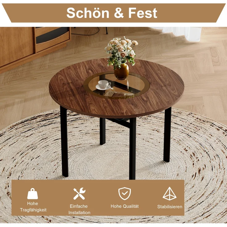 Esstisch-Set rund 100 cm Braun/Schwarz mit Glasablage, MDF-Tischplatte und PU-Stühlen – Bild 6