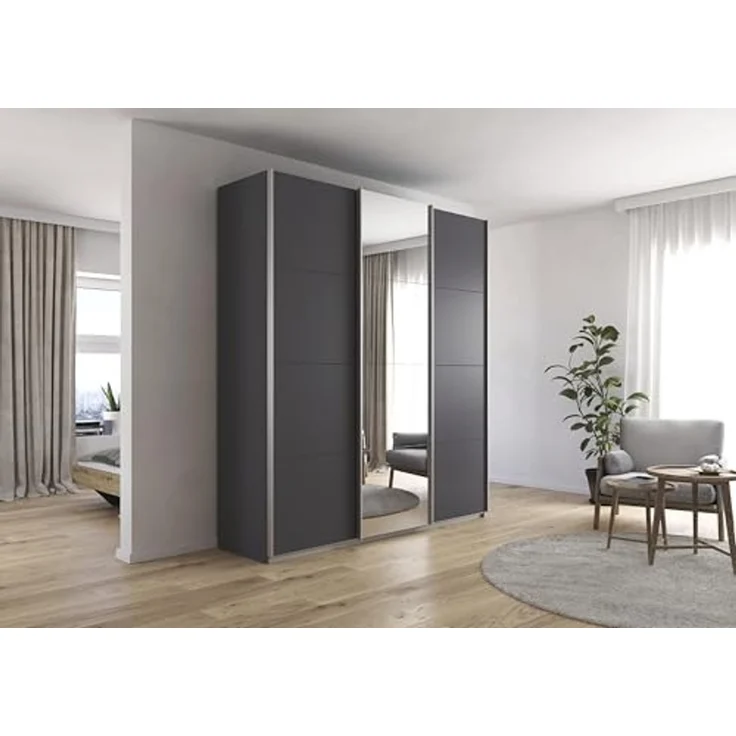 Rauch Möbel Kulmbach, Kleiderschrank mit Schwebetüren für Schlafzimmer, Kinderzimmer, Jugendzimmer, Garderobe, Flur, 3-türig, mit Spiegel, Zubehör Basic, Farbe Grau metallic, Schwarz, Breite 203 cm – Bild 2