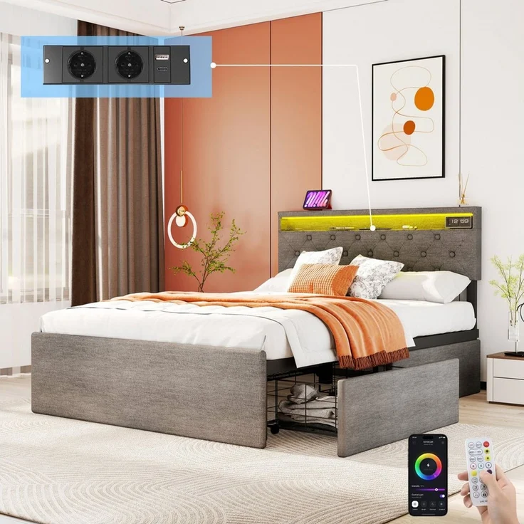 oyajia Polsterbett LED Doppelbett 140x200cm mit Ladefunktion und 4 Schubladen Polsterbett (Modernes Jugendbett, Leises Design Bett, Max. Belastbarkeit 365 kg), 140x200 cm, ausziehbare Bettkästen, LED-Licht, gepolstertes Kopfteil – Bild 2