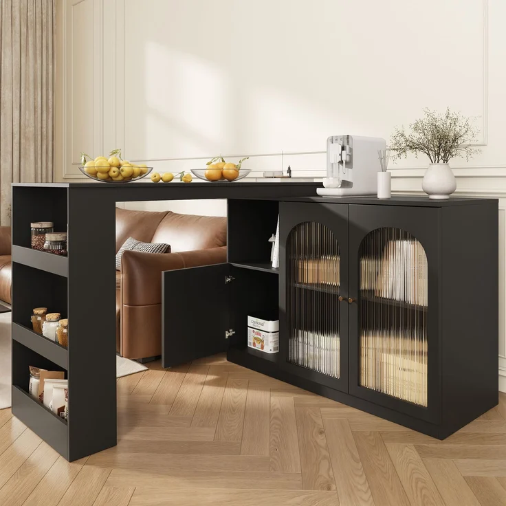 ZUBALIYA Drehbarer Bartisch 120 x 40 cm, mit Stauraum, mit Glastüren, MDF, Schwarz – Bild 2