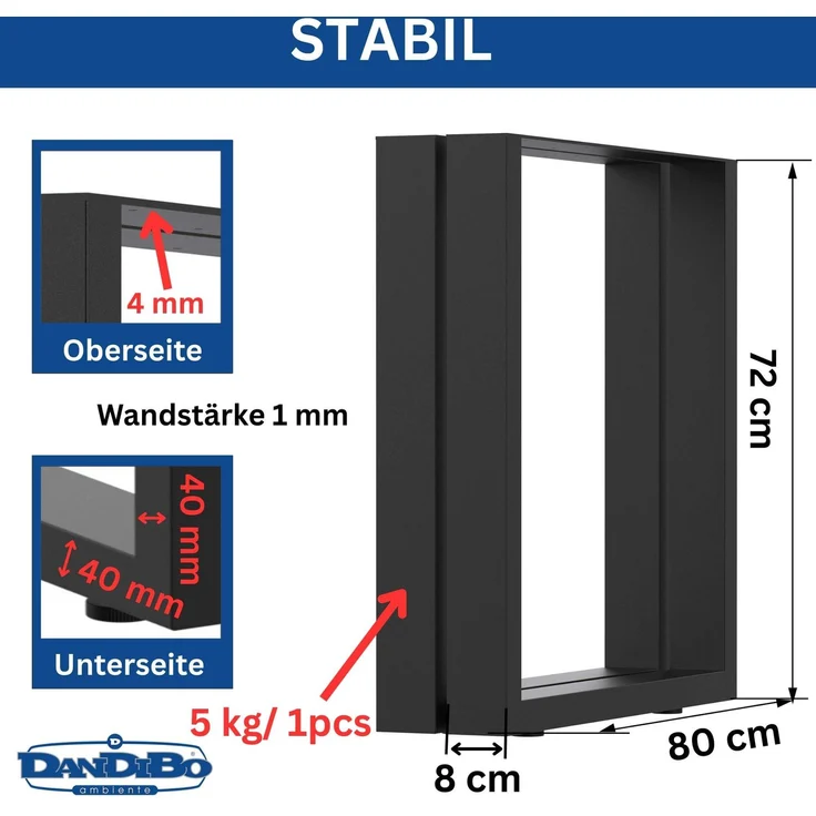 DanDiBo 2x Tischbeine Metall Schwarz 72 x 70 cm Tischgestell Höhenverstellbar 96661 Tischfüße Möbelfüße Tischkufen Esstisch Beine – Bild 2
