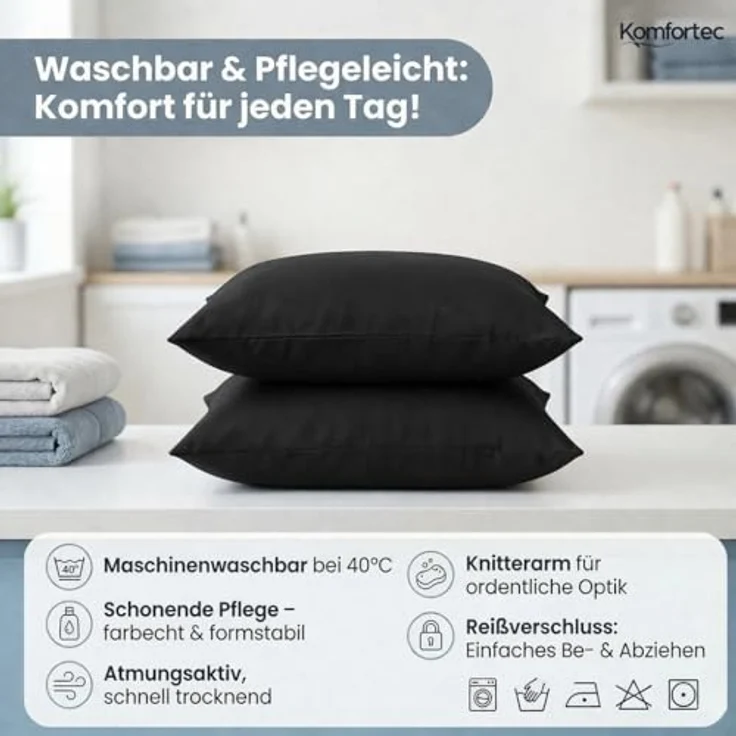 Komfortec Kissenbezug 80x80 cm 2er Set aus Gebürstet Mikrofaser mit Reißverschluss, Atmungskativ und Weich – Schwarz – Bild 6