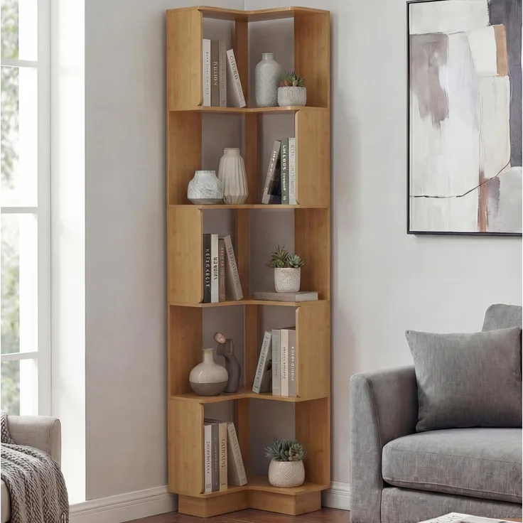 Eck-Bücherregal HWC-P53, Eckregal Standregal Wohnregal, 5 Ebenen MDF Melamin 175x40x40cm ~ Bambus-Optik