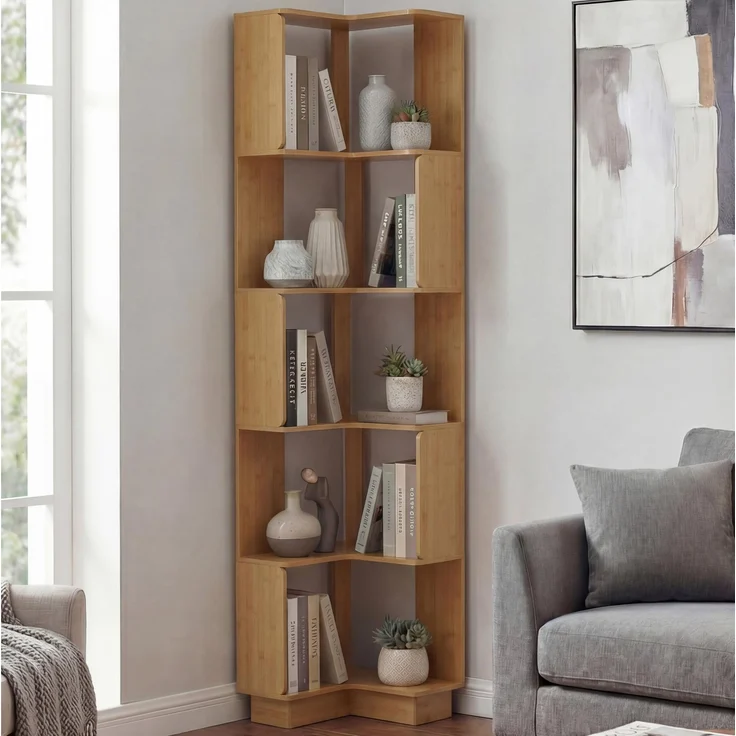 Eck-Bücherregal HWC-P53, Eckregal Standregal Wohnregal, 5 Ebenen MDF Melamin 175x40x40cm ~ Bambus-Optik – Bild 1