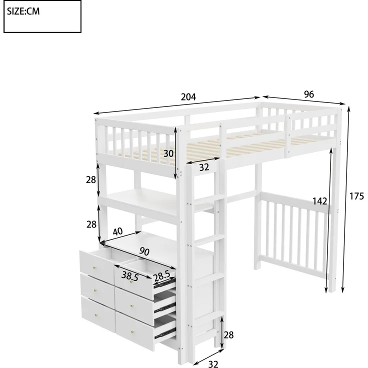 Weißes Hochbett 90x200 cm Mit 6 Schubladen Und Sicherheitsleiter Kinderhochbett Mit Aufbewahrungsschrank Massivkiefer Etagenbett Stauraum Lösung Sicherheitsbett Jugendzimmer Regal Unterbett – Bild 3